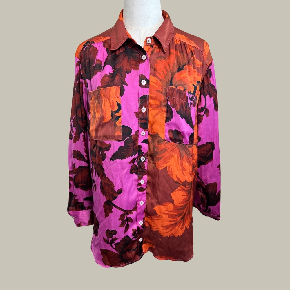 Anthropologie Floral Button Down Shirt Pink Orange Relaxed Flowy Fall Blouse